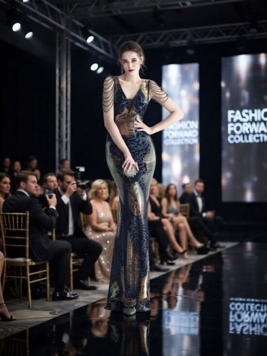 Dresses & Skirts - Navy, Floral, Beaded, Round Back, Sleeveless, Sequined Gown